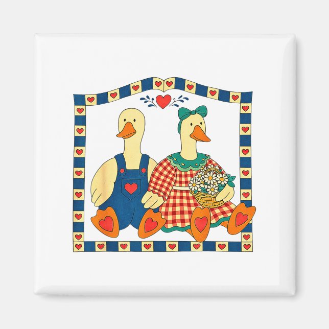 Aimant Couple de canards d'art populaire avec fleurs Mais (Devant)