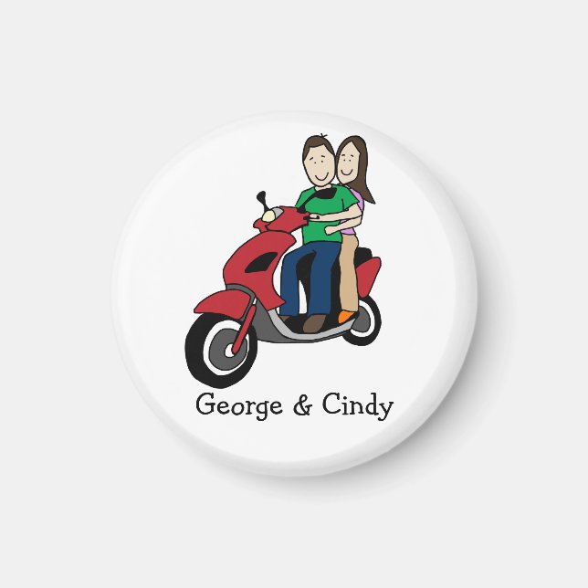 Aimant Couple on scooter - dessin animé personnalisé (Devant)