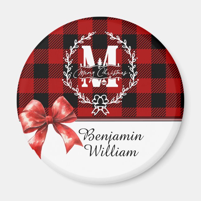 Aimant Couronne de monogramme de Noël en plaid de Buffalo (Devant)