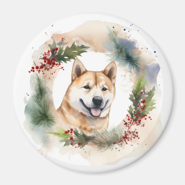 Aimant Couronne de Noël Akita Chien de fête (Devant)