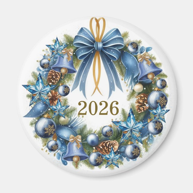 Aimant Couronne de Noël bleue et or personnalisable (Devant)