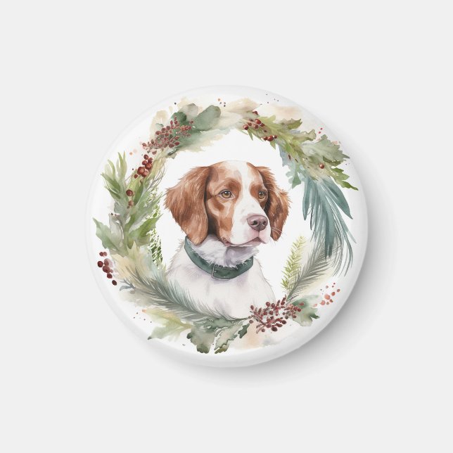 Aimant Couronne de Noël Brittany Spaniel Chien festif (Devant)