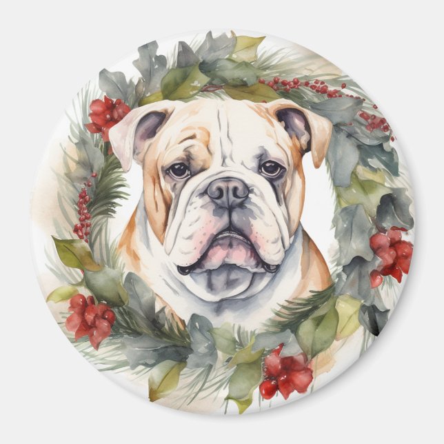 Aimant Couronne de Noël Bulldog Chien de fête (Devant)