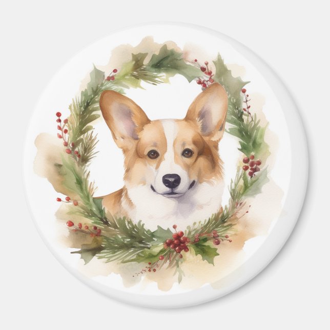 Aimant Couronne de Noël Corgi Chien de fête (Devant)