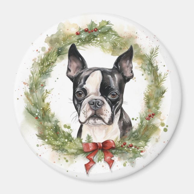Aimant Couronne de Noël de Terrier de Boston Chien festif (Devant)