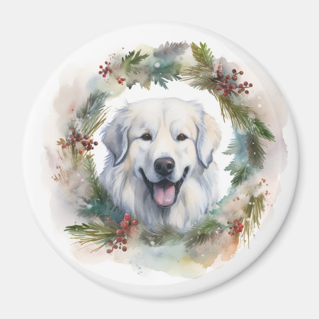 Aimant Couronne de Noël des Pyrénées majestueuses Chien f (Devant)