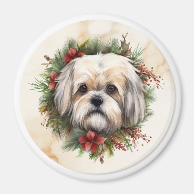 Aimant Couronne de Noël festive Lhasa Apso (Devant)