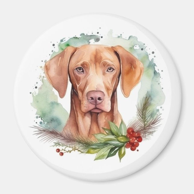 Aimant Couronne de Noël Vizsla Fête de Chien Joyeux (Devant)