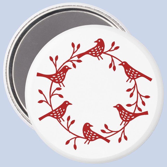 Aimant Couronne d'oiseaux et de rosehips (Red and white Scandinavian bird wreath magnet)