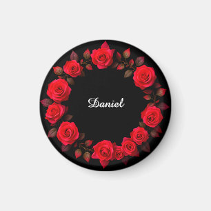 Aimant Couronne florale de rose rouge sur fond noir