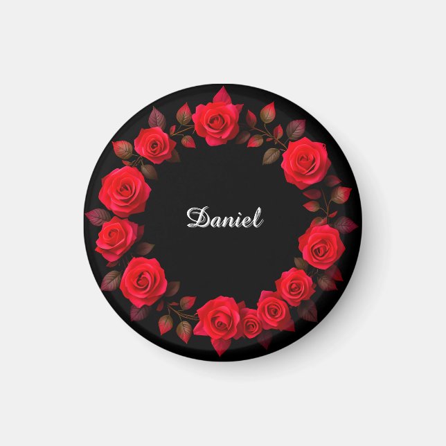 Aimant Couronne florale de rose rouge sur fond noir (Devant)