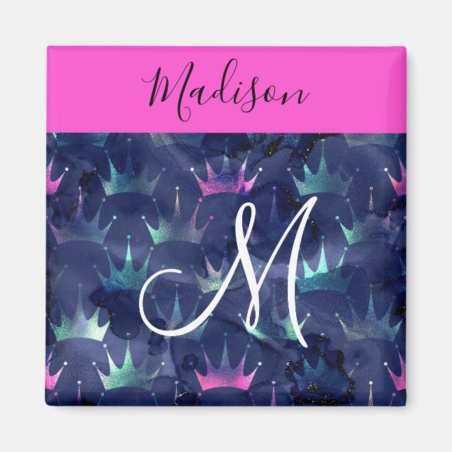 Aimant Couronnes de sirène en strass rose vif monogramme (Devant)