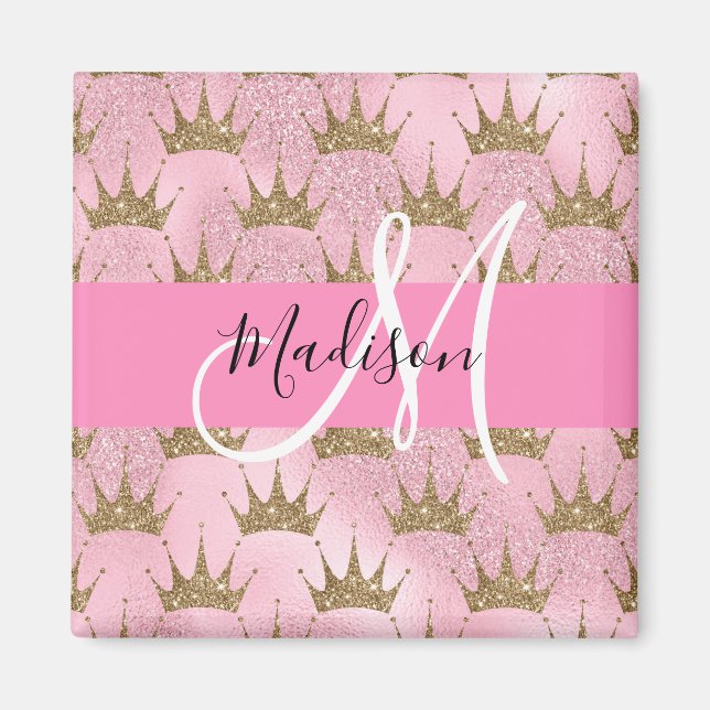 Aimant Couronnes Monogramme Paillettes Rose et Or (Devant)