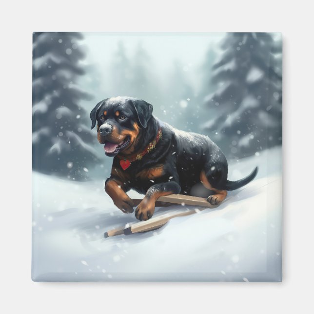 Aimant Coussin décoratif Rottweiler Noël neige hiver (Devant)