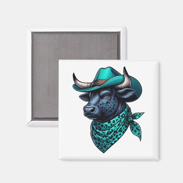 Aimant Cowboy Bull avec Casquette Turquoise et Écharpe à  (Recto/Verso)