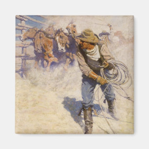 Aimant Cowboys occidentaux vintages, dans le corral par