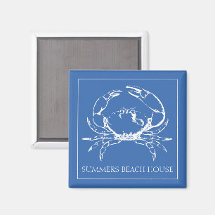 Aimant Crabe blanc côtier sur bleu classique Personnalisé