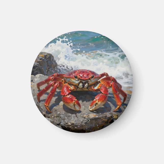 Aimant Crabe rouge vibrant aux vagues océaniques (Devant)