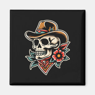 Aimant Crâne de cowboy traditionnel tatoueur crâne encré