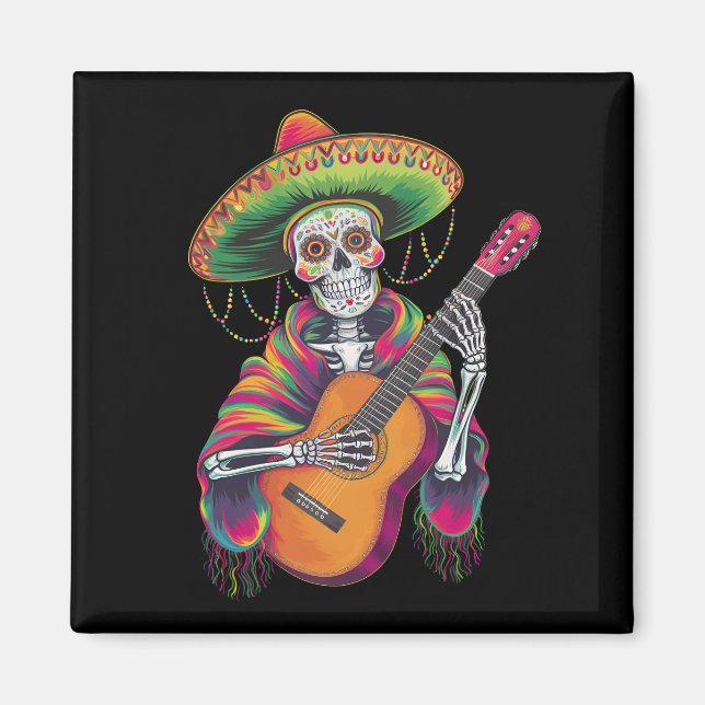 Aimant Crâne de squelette de la fête Cinco De Mayo Guitar (Devant)