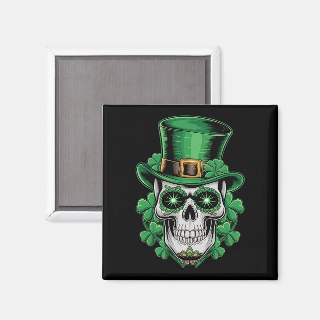 Aimant Crâne de Sucre St Patrick Jour Chanceux Shamrock  (Recto/Verso)