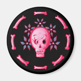 Aimant Crâne Drôle En Rose Avec Fleurs Et Os