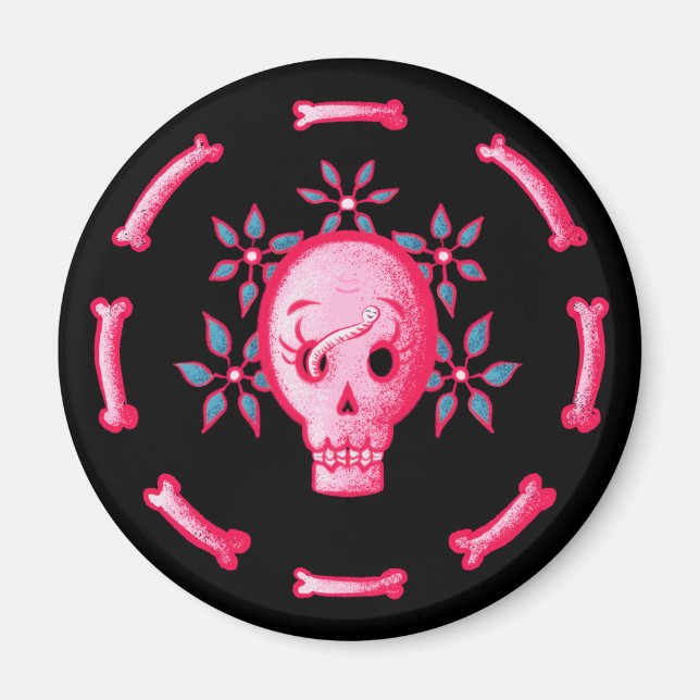 Aimant Crâne Drôle En Rose Avec Fleurs Et Os (Devant)