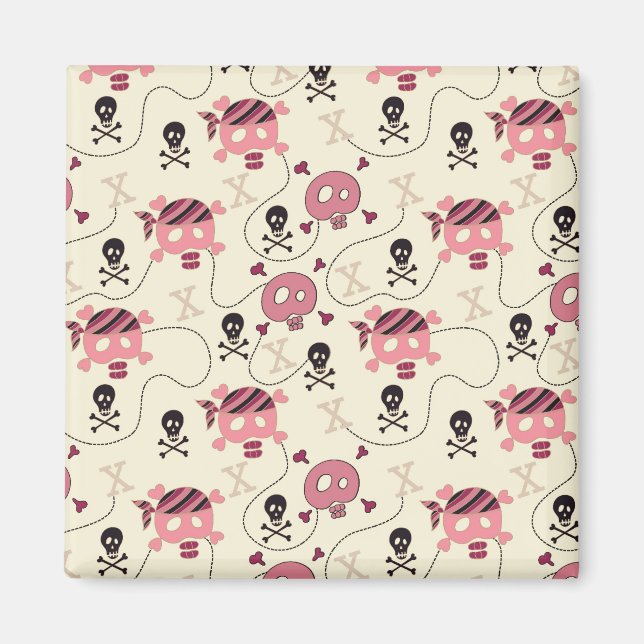 Aimant Crâne et os de fille rose rétro (Devant)