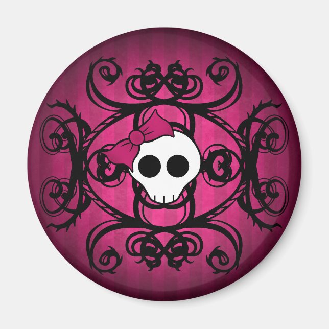 Aimant Crâne gothique mignon sur fuschia et noir (Devant)