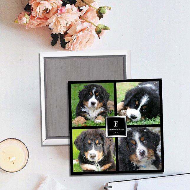 Aimant Créez votre propre collage photo de famille monogr (Create your own family photo collage monogrammed magnet. A very personal and unique magnet.)