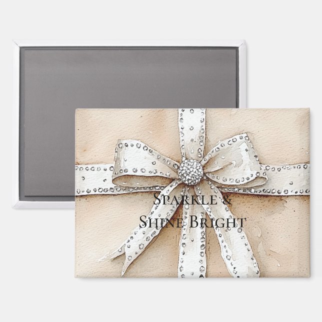Aimant Crème Blanc Argent Glitzy Glam Bow Noël (Recto/Verso)