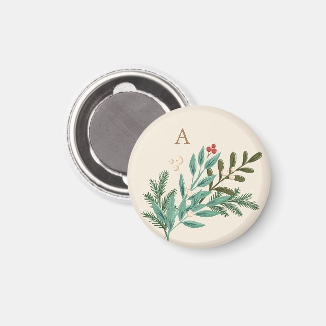 Aimant Crème Botanique Monogramme Classique Noël Fêtes (Recto/Verso)