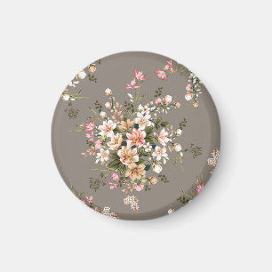 Aimant Crème, fleurs roses sur gris.