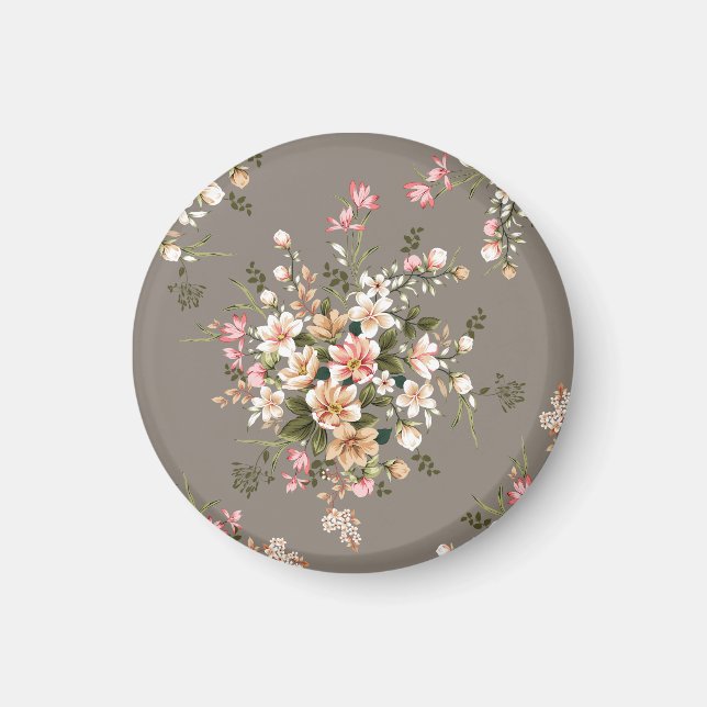 Aimant Crème, fleurs roses sur gris. (Devant)