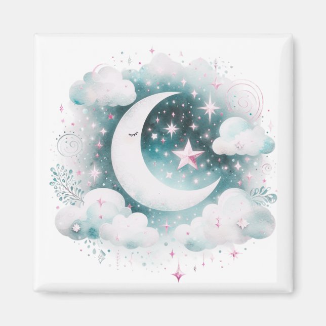 Aimant Croissant de Lune Céleste Bleu et Blanc Bohème Mod (Devant)