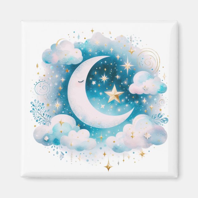 Aimant Croissant de Lune Céleste Bleu et Blanc Bohème Mod (Devant)