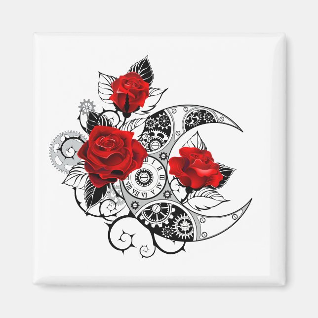 Aimant Croissant mécanique avec roses rouges (Devant)