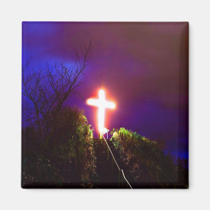 Aimant Croix brillante à la nuit Dieu aime