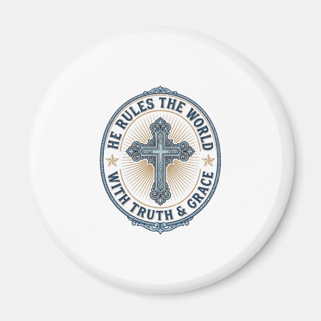 Aimant Croix Chrétienne Il Règne sur le Monde (Devant)