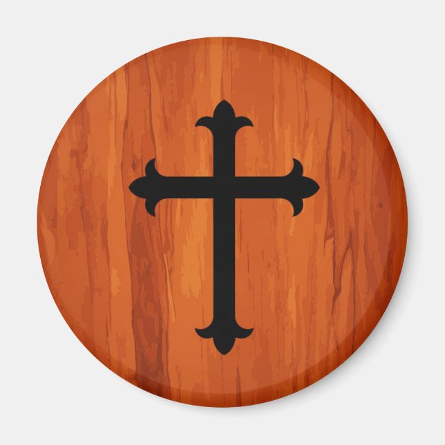 Aimant Croix chrétienne noire dans l'aimant en bois (Devant)