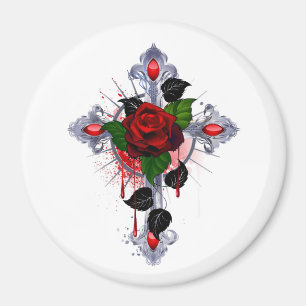 Aimant Croix d'argent avec une rose rouge
