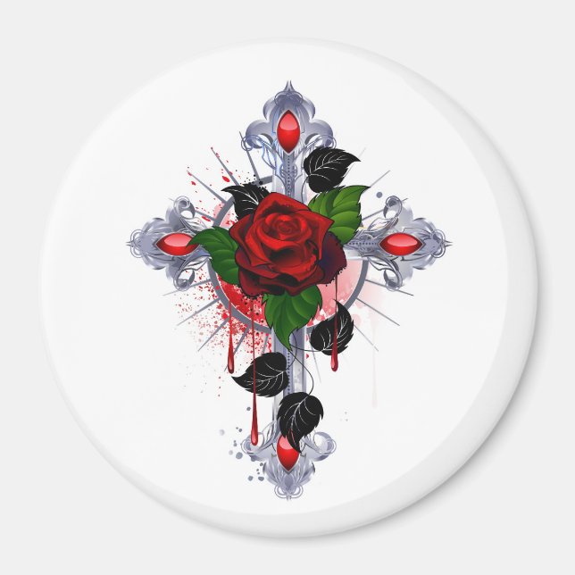 Aimant Croix d'argent avec une rose rouge (Devant)
