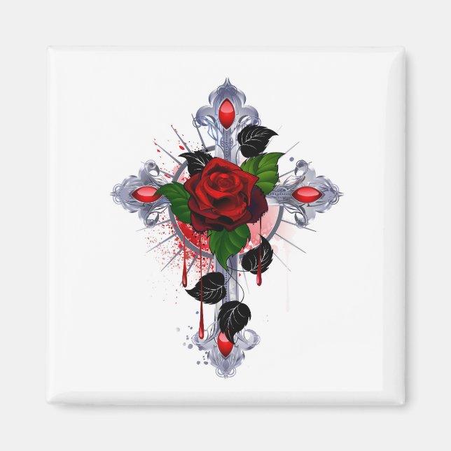 Aimant Croix d'argent avec une rose rouge (Devant)