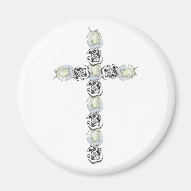 Aimant Croix d'argent et de rose blanche (Devant)