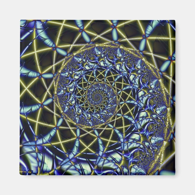 Aimant Croix de crise | Art fractal jaune et bleu (Devant)