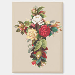 Aimant Croix de roses botaniques vintage Art religieux