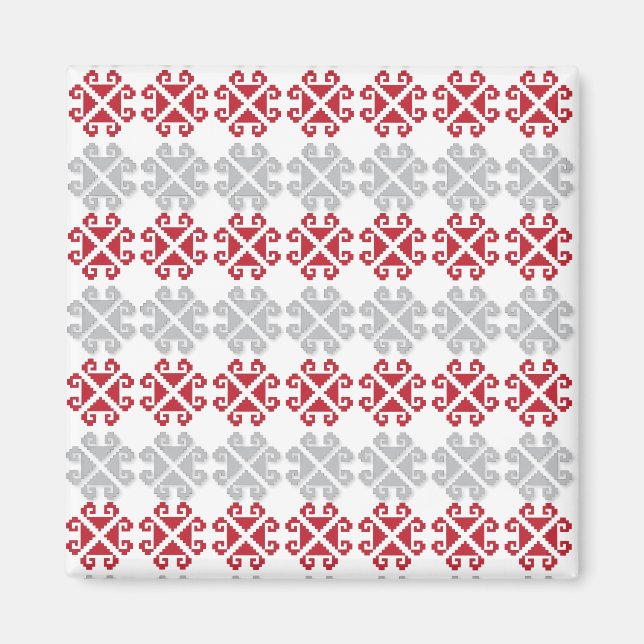 Aimant Croix géométrique rouge et gris letton (Devant)