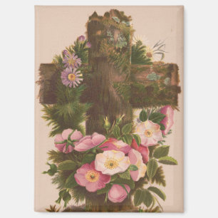 Aimant Croix rustique antique, roses sauvages, carte de P