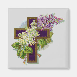 Aimant Croix Violette Et Fleurs