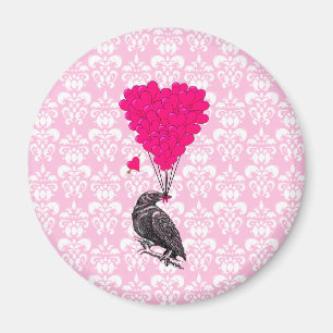 Aimant Crow et coeur sur damas rose